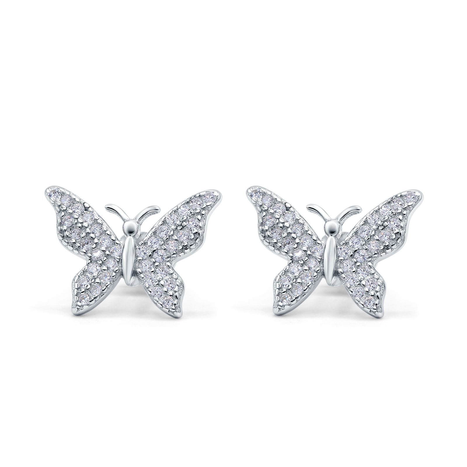 Butterfly Stud Earrings Simulated Cubic Zirconia 925 Sterling Silver (14mm)