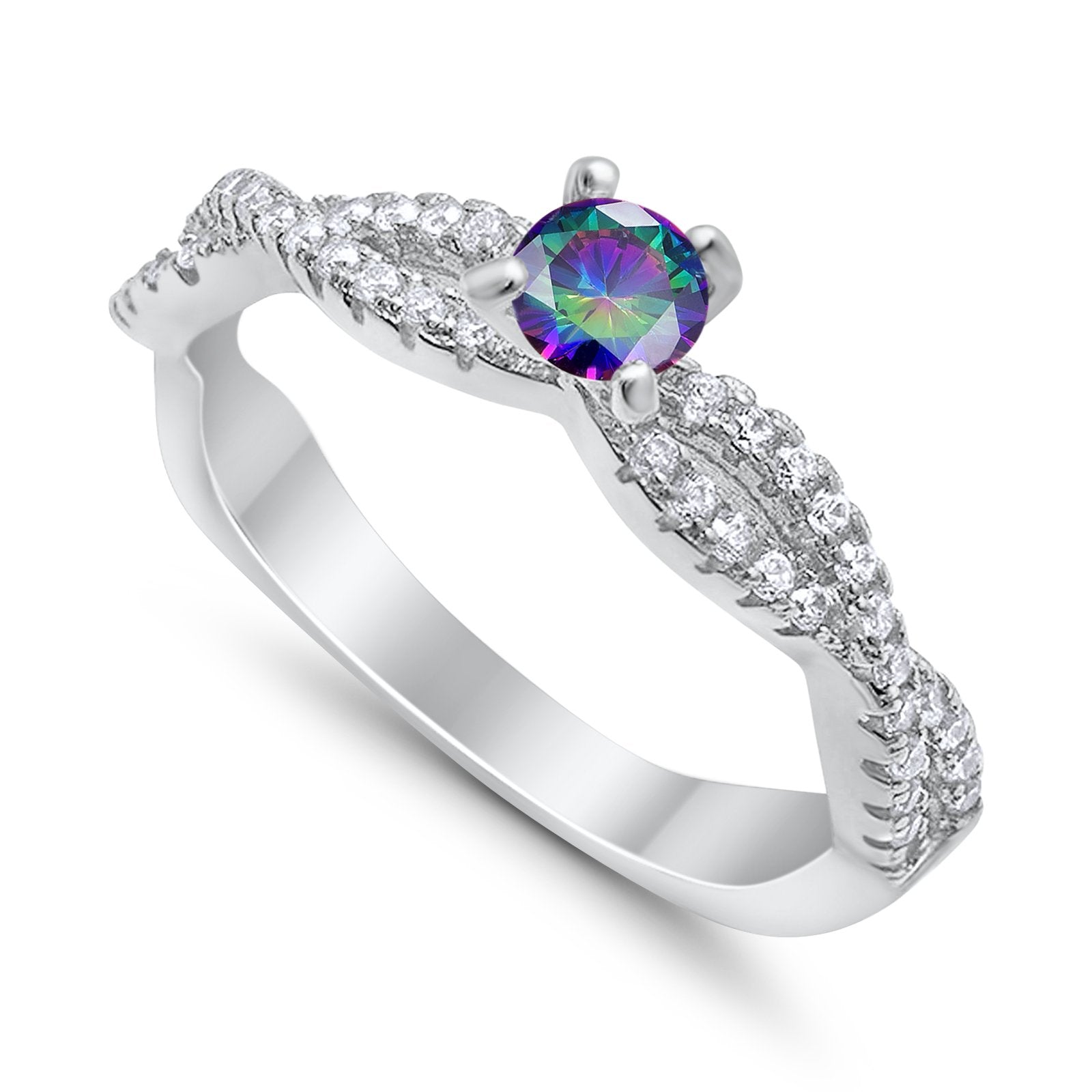 Fashion Solitaire Accent Ring Round Cubic Zirconia 925 Sterling Silver