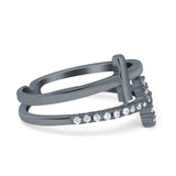 Sideways Cross Ring Round Simulated Cubic Zirconia 925 Sterling Silver