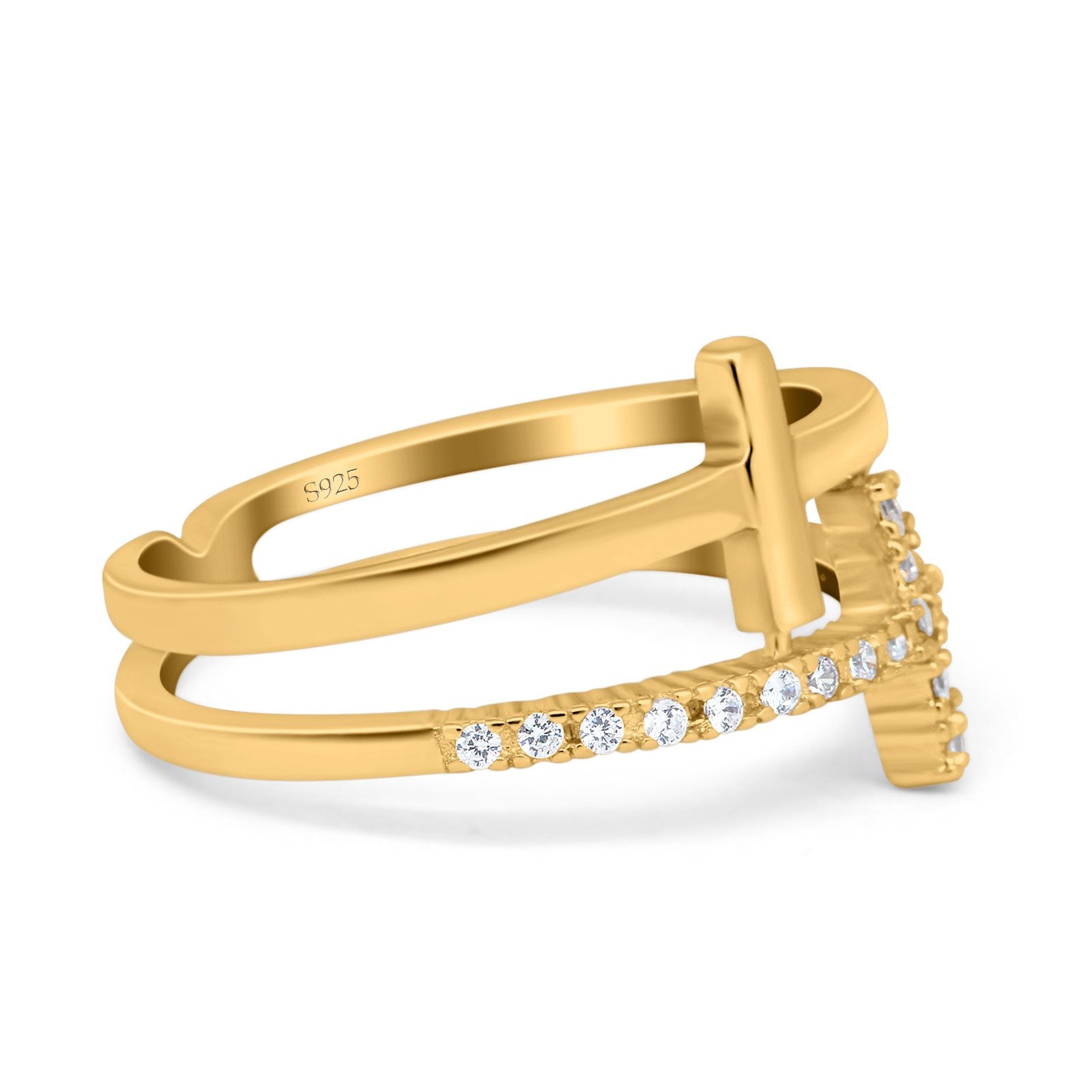 Sideways Cross Ring Round Simulated Cubic Zirconia 925 Sterling Silver