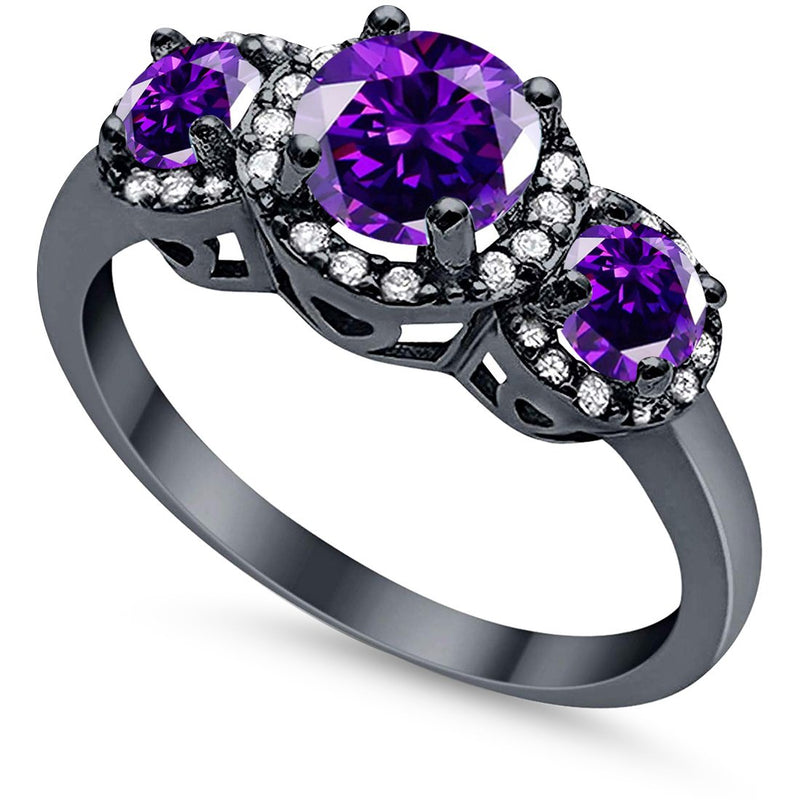 3 Stone Halo Wedding Ring Simulated Cubic Zirconia 925 Sterling Silver