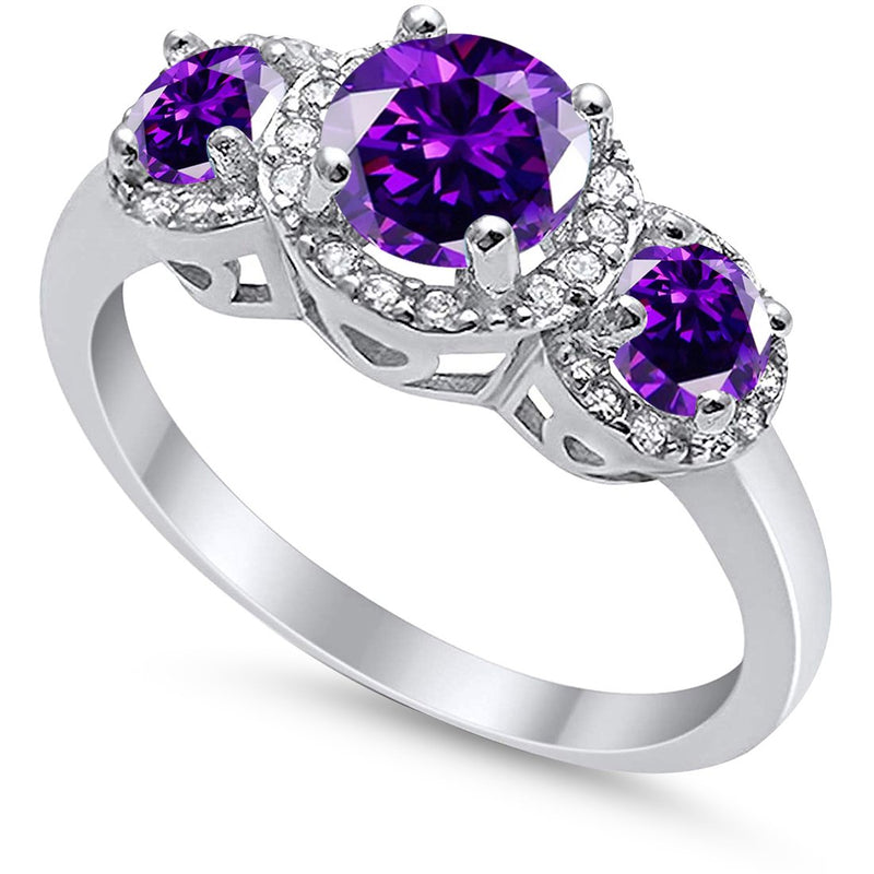 3 Stone Halo Wedding Ring Simulated Cubic Zirconia 925 Sterling Silver