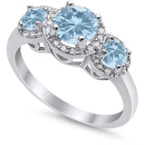 3 Stone Halo Wedding Ring Simulated Cubic Zirconia 925 Sterling Silver