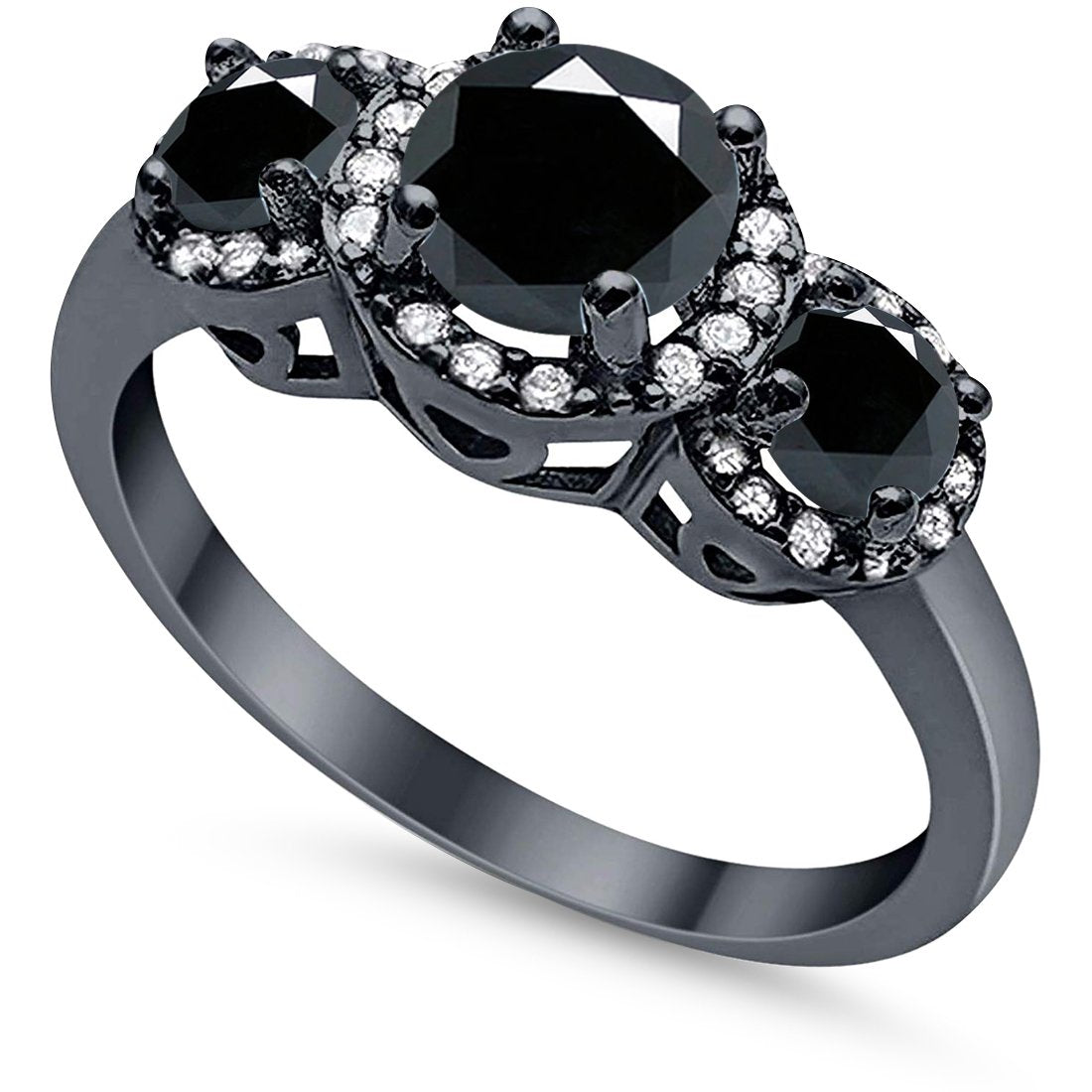 3 Stone Halo Wedding Ring Simulated Cubic Zirconia 925 Sterling Silver