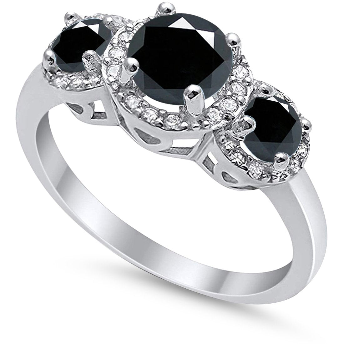3 Stone Halo Wedding Ring Simulated Cubic Zirconia 925 Sterling Silver