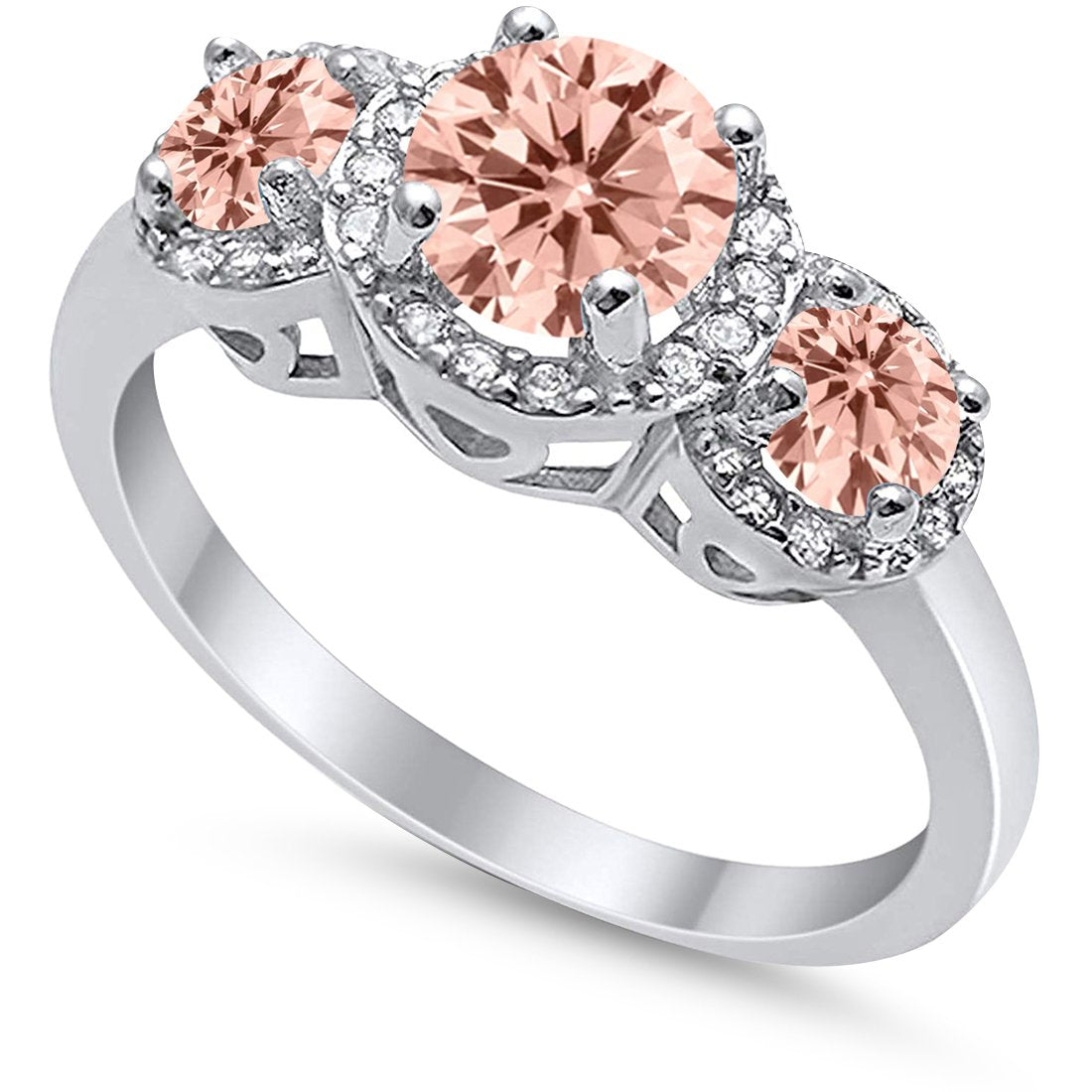 3 Stone Halo Wedding Ring Simulated Cubic Zirconia 925 Sterling Silver
