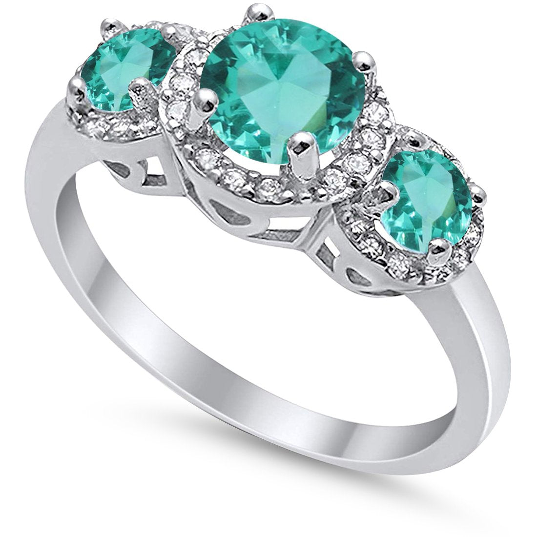 3 Stone Halo Wedding Ring Simulated Cubic Zirconia 925 Sterling Silver