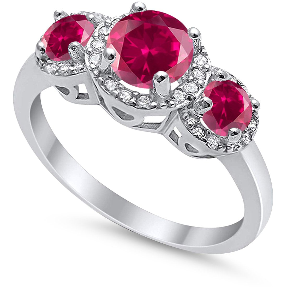 3 Stone Halo Wedding Ring Simulated Cubic Zirconia 925 Sterling Silver