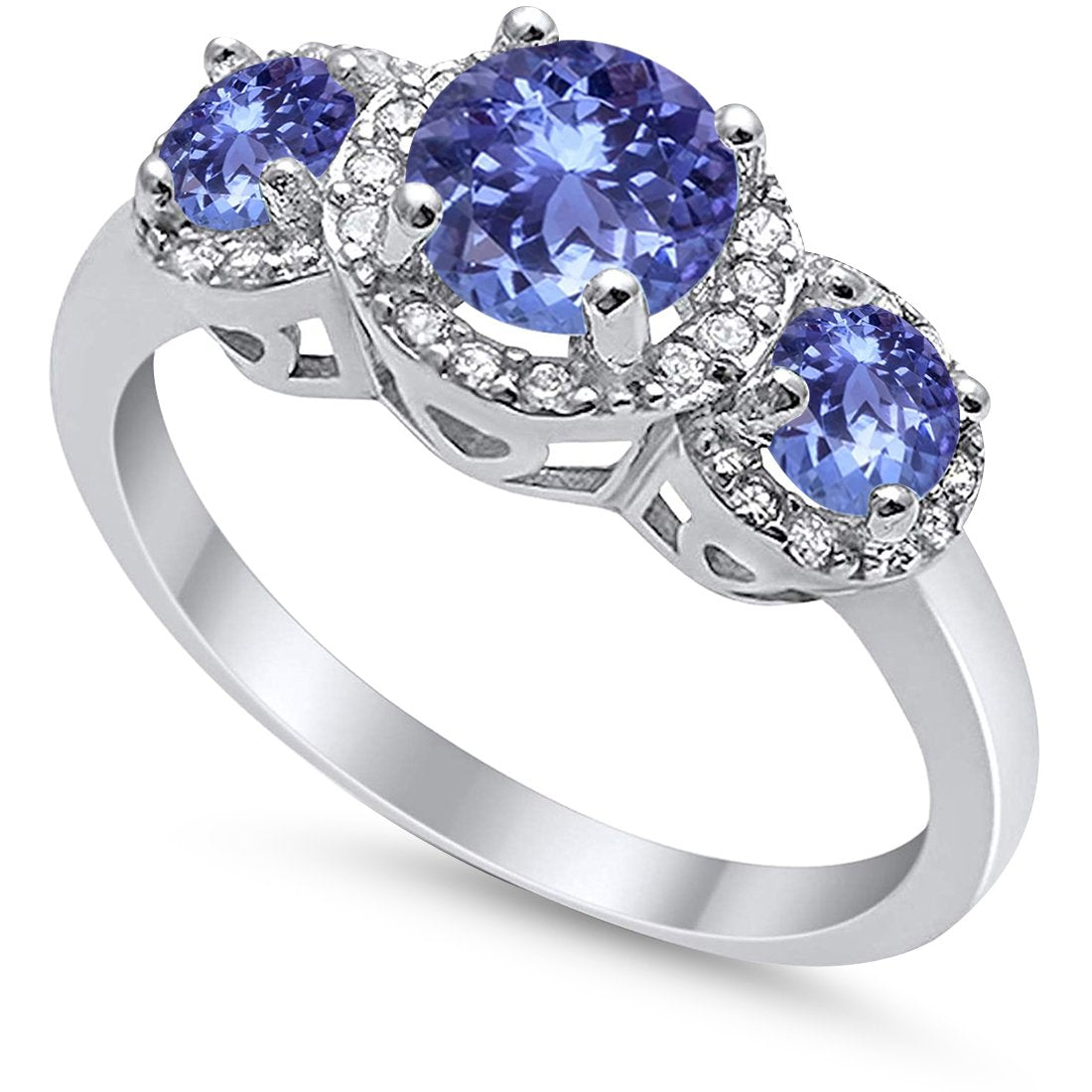 3 Stone Halo Wedding Ring Simulated Cubic Zirconia 925 Sterling Silver