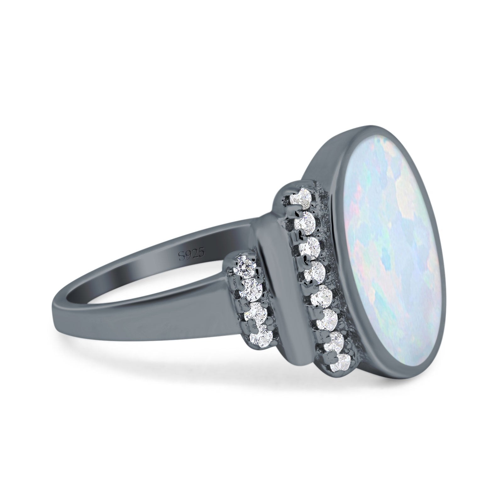 Fashion Ring Oval Lab Created Opal Round Simulated Cubic Zirconia 925 Sterling Silver