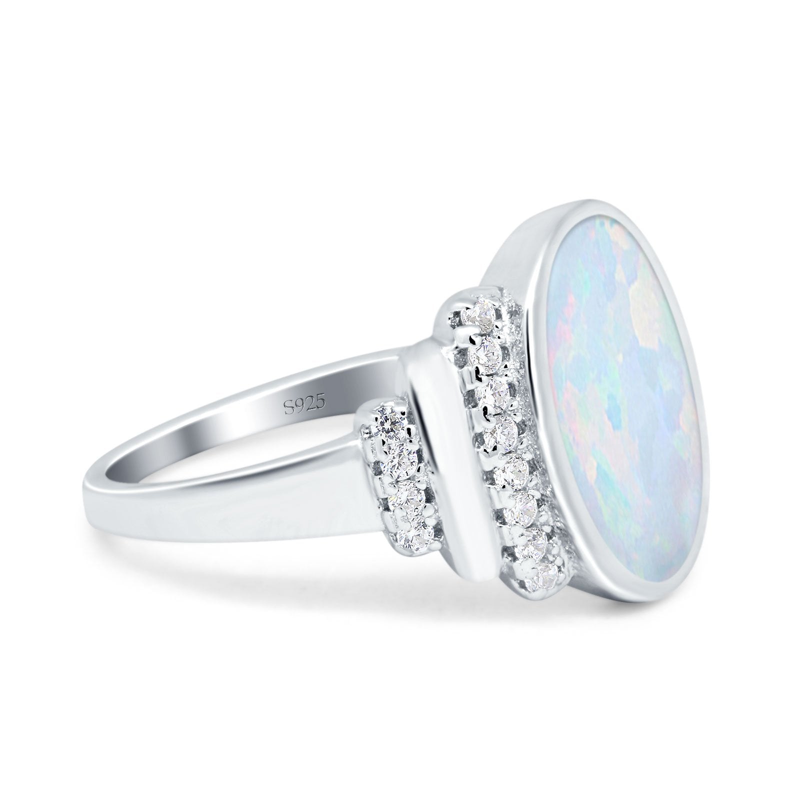Fashion Ring Oval Lab Created Opal Round Simulated Cubic Zirconia 925 Sterling Silver