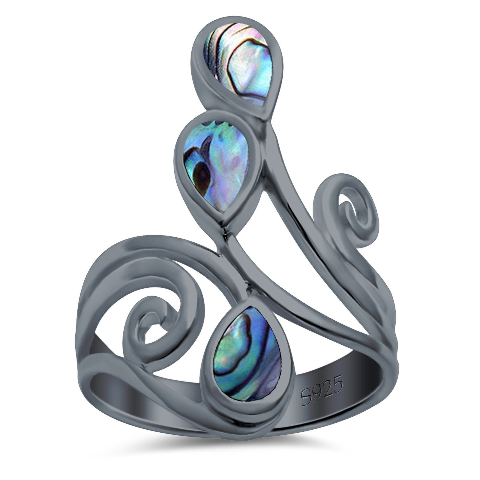 Fashion Teardrop Pear Swirl Spiral Ring Rhodium Plated Created Opal 925 Sterling Silver
