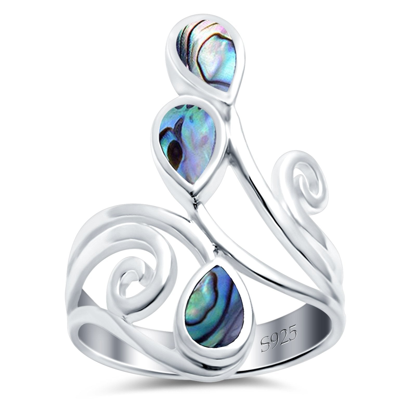 Fashion Teardrop Pear Swirl Spiral Ring Rhodium Plated Created Opal 925 Sterling Silver