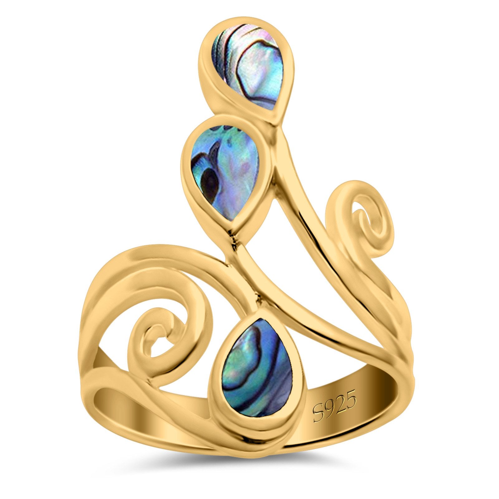 Fashion Teardrop Pear Swirl Spiral Ring Rhodium Plated Created Opal 925 Sterling Silver