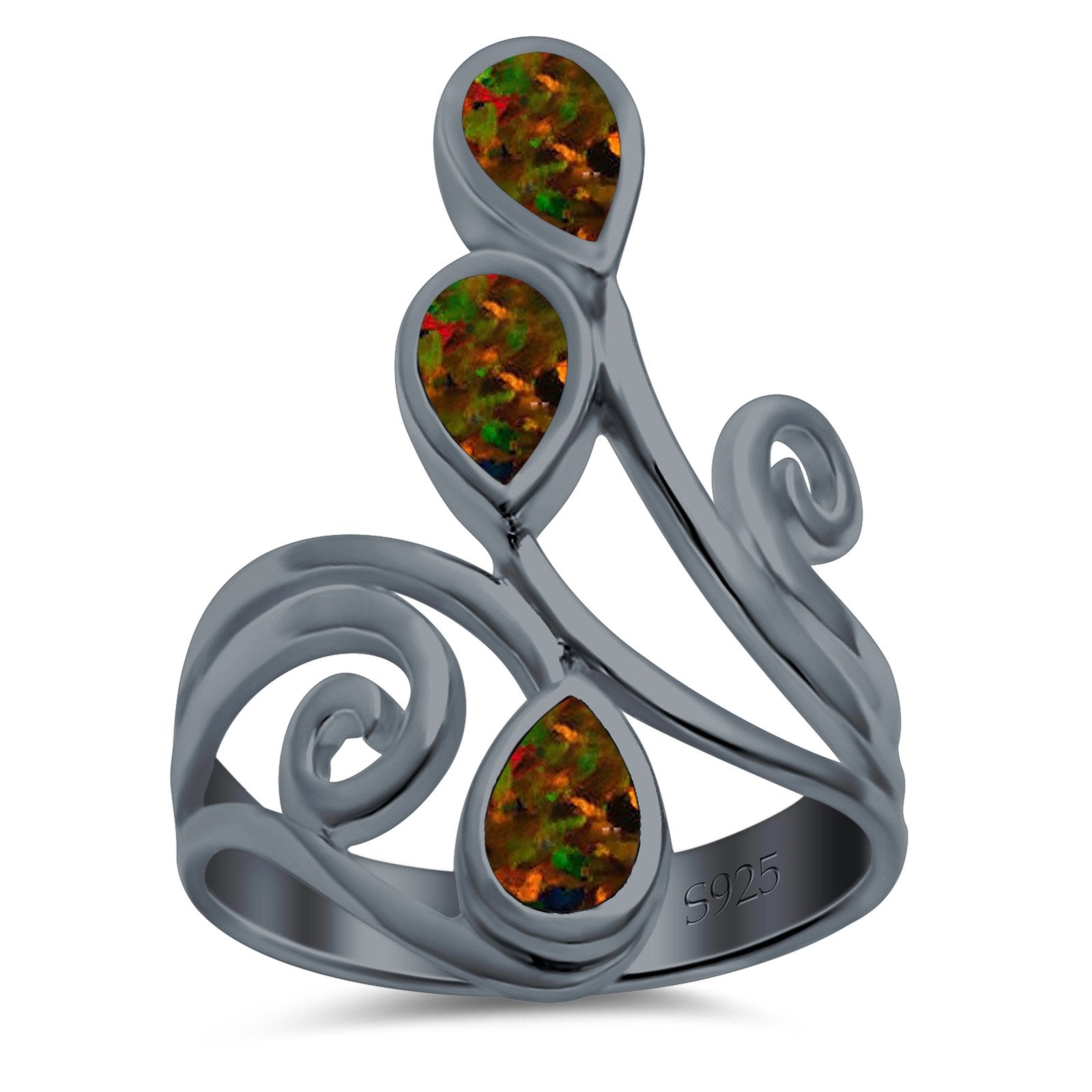 Fashion Teardrop Pear Swirl Spiral Ring Rhodium Plated Created Opal 925 Sterling Silver