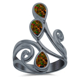 Fashion Teardrop Pear Swirl Spiral Ring Rhodium Plated Created Opal 925 Sterling Silver