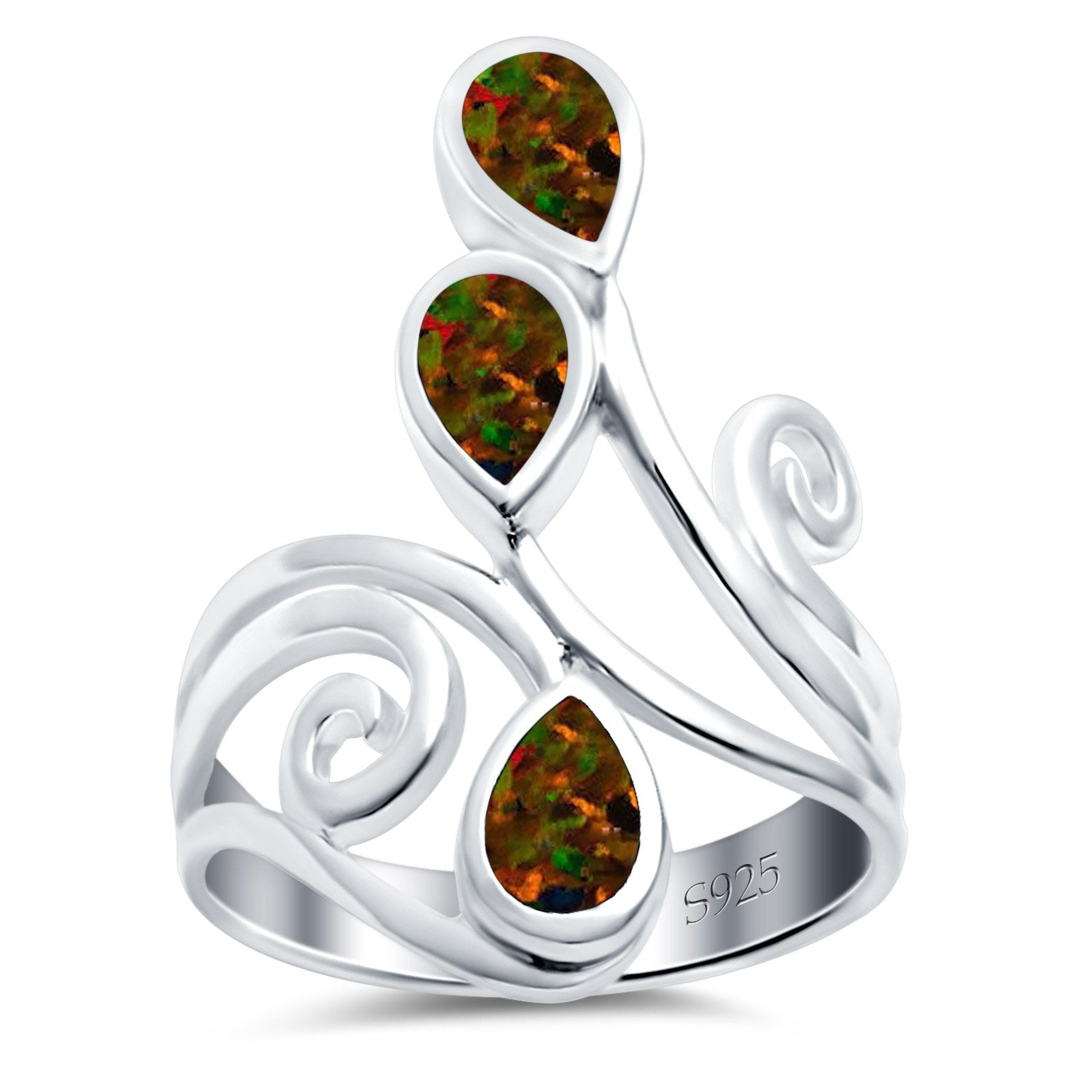 Fashion Teardrop Pear Swirl Spiral Ring Rhodium Plated Created Opal 925 Sterling Silver