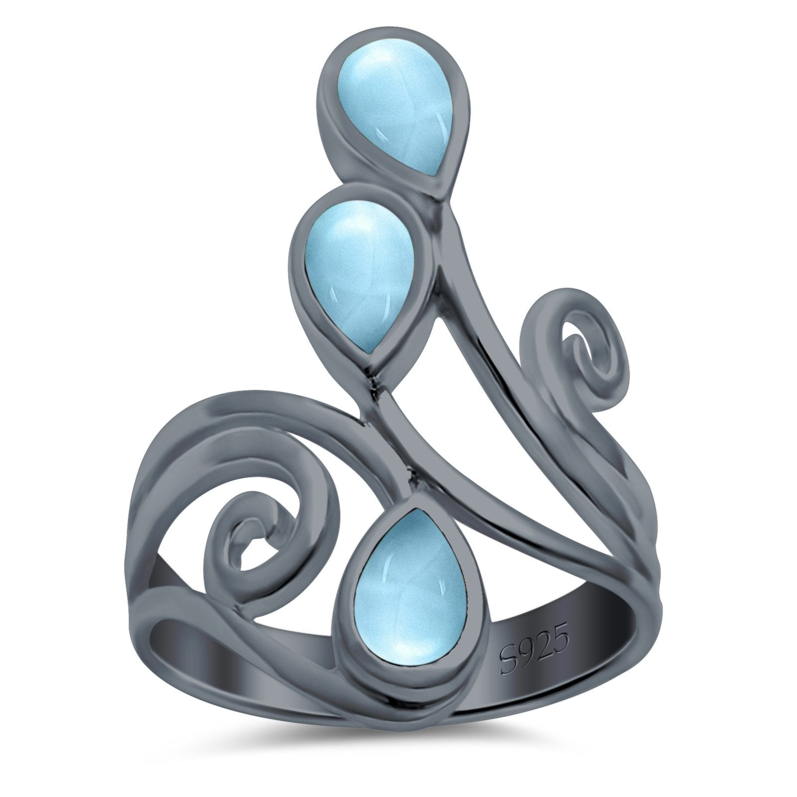 Fashion Teardrop Pear Swirl Spiral Ring Rhodium Plated Created Opal 925 Sterling Silver