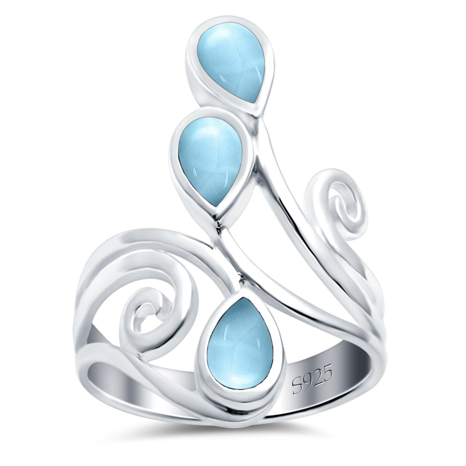 Fashion Teardrop Pear Swirl Spiral Ring Rhodium Plated Created Opal 925 Sterling Silver