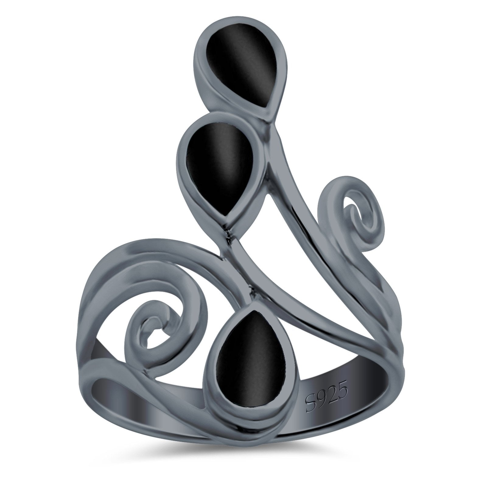 Fashion Teardrop Pear Swirl Spiral Ring Rhodium Plated Created Opal 925 Sterling Silver