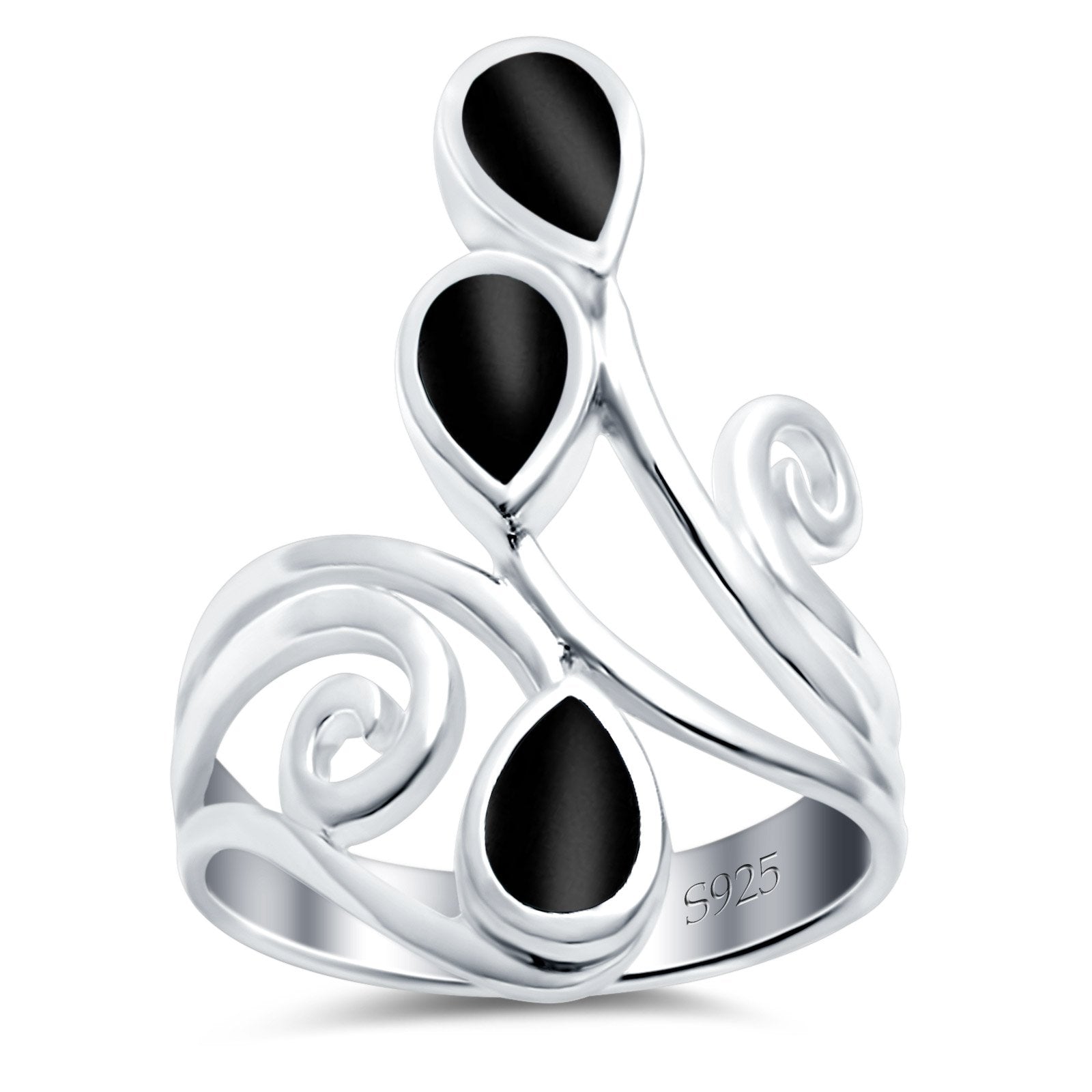 Fashion Teardrop Pear Swirl Spiral Ring Rhodium Plated Created Opal 925 Sterling Silver