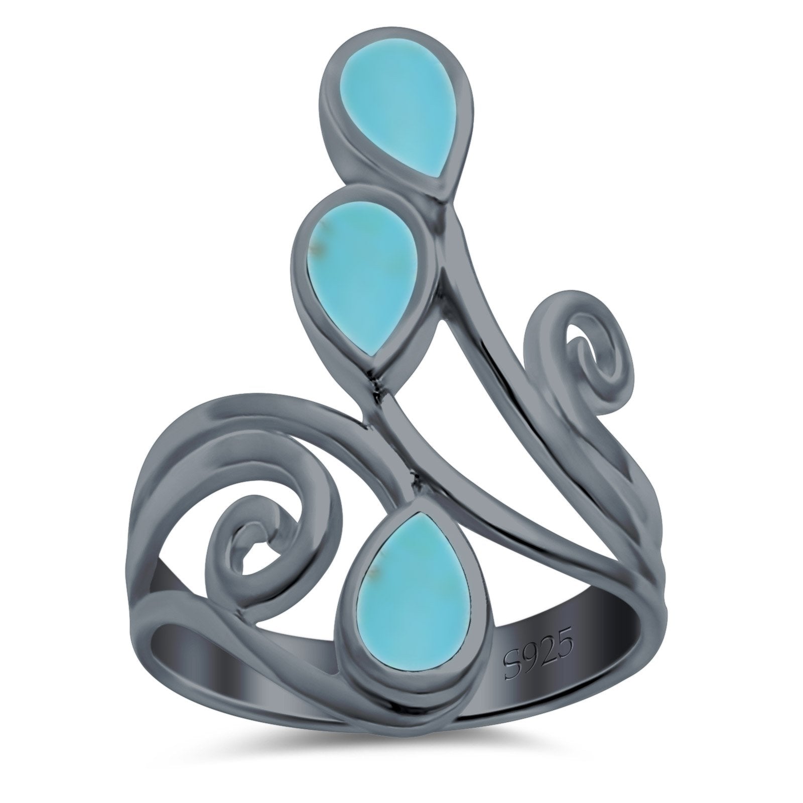 Fashion Teardrop Pear Swirl Spiral Ring Rhodium Plated Created Opal 925 Sterling Silver