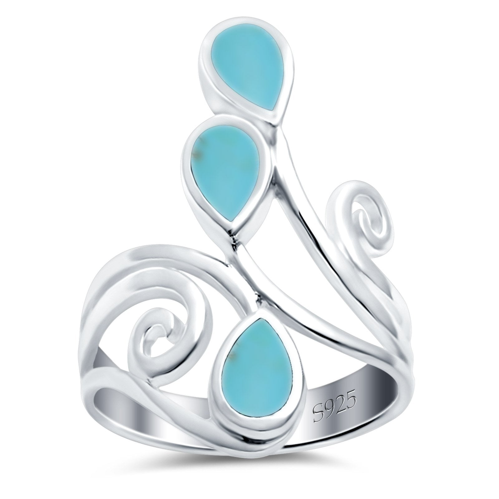 Fashion Teardrop Pear Swirl Spiral Ring Rhodium Plated Created Opal 925 Sterling Silver