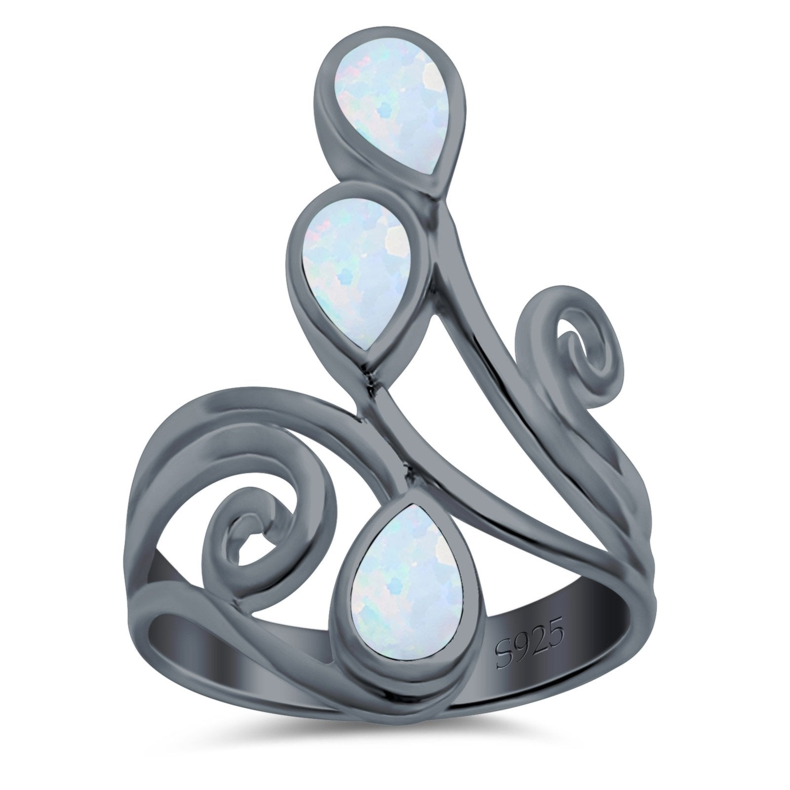 Fashion Teardrop Pear Swirl Spiral Ring Rhodium Plated Created Opal 925 Sterling Silver