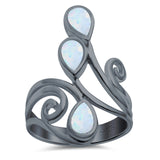 Fashion Teardrop Pear Swirl Spiral Ring Rhodium Plated Created Opal 925 Sterling Silver