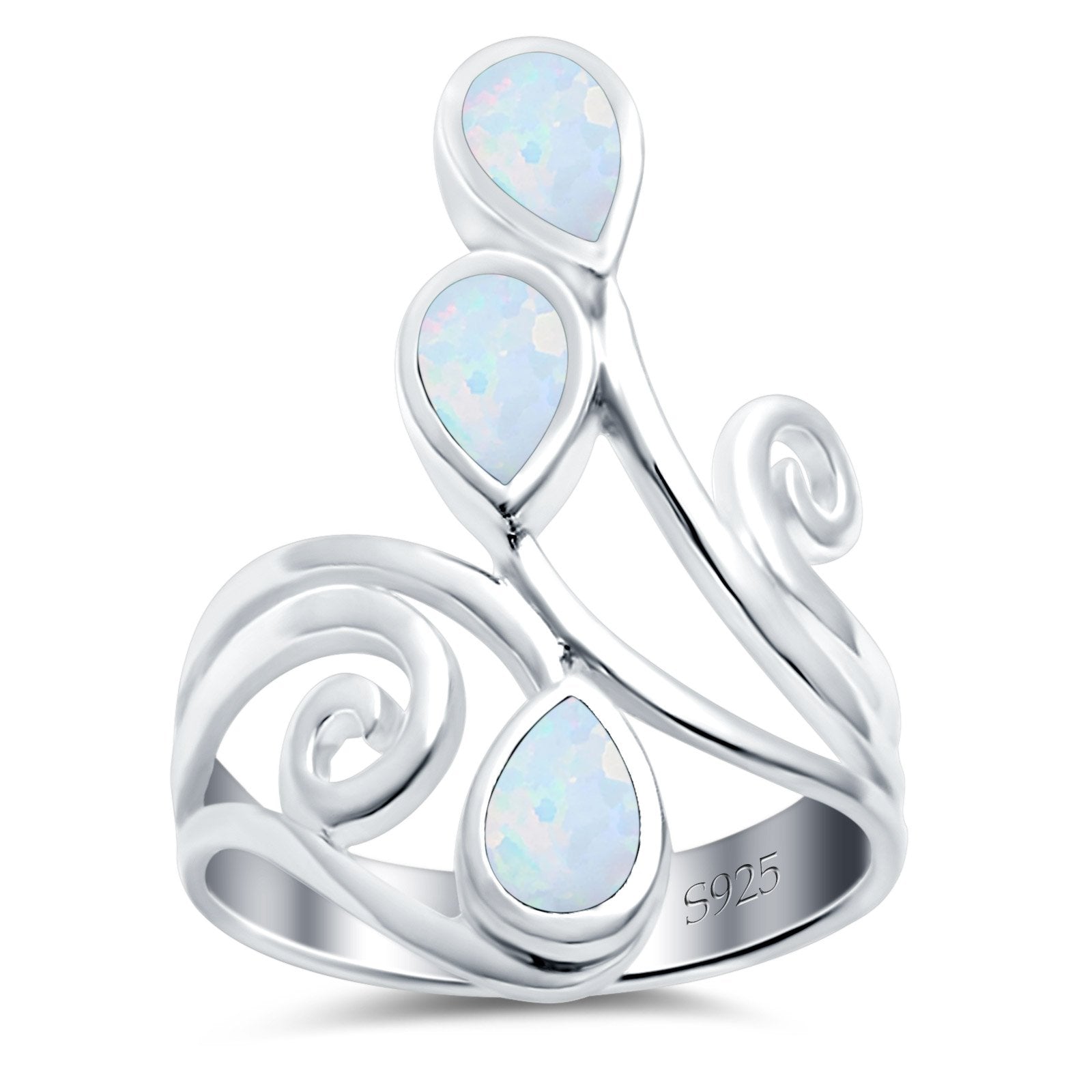 Fashion Teardrop Pear Swirl Spiral Ring Rhodium Plated Created Opal 925 Sterling Silver