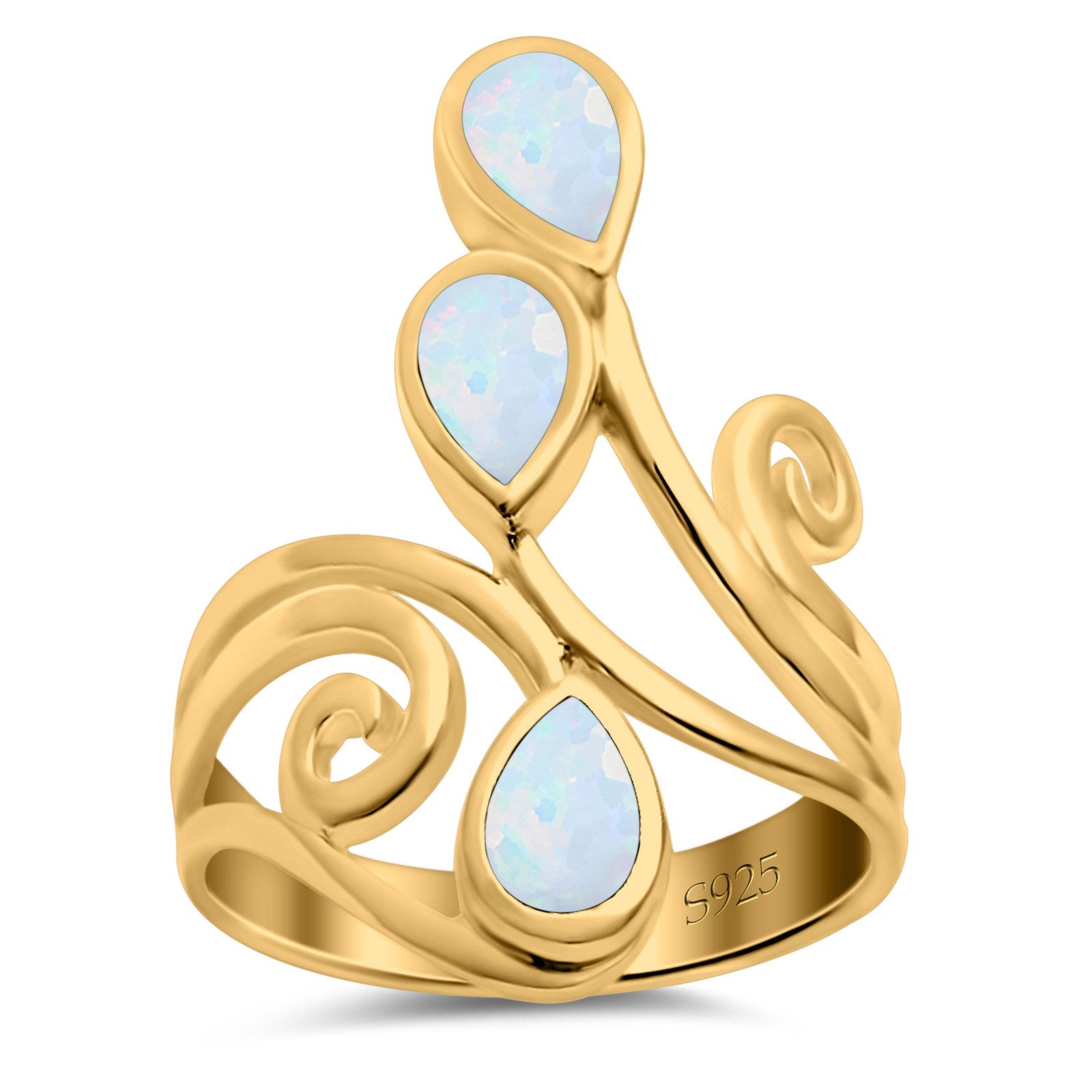Fashion Teardrop Pear Swirl Spiral Ring Rhodium Plated Created Opal 925 Sterling Silver