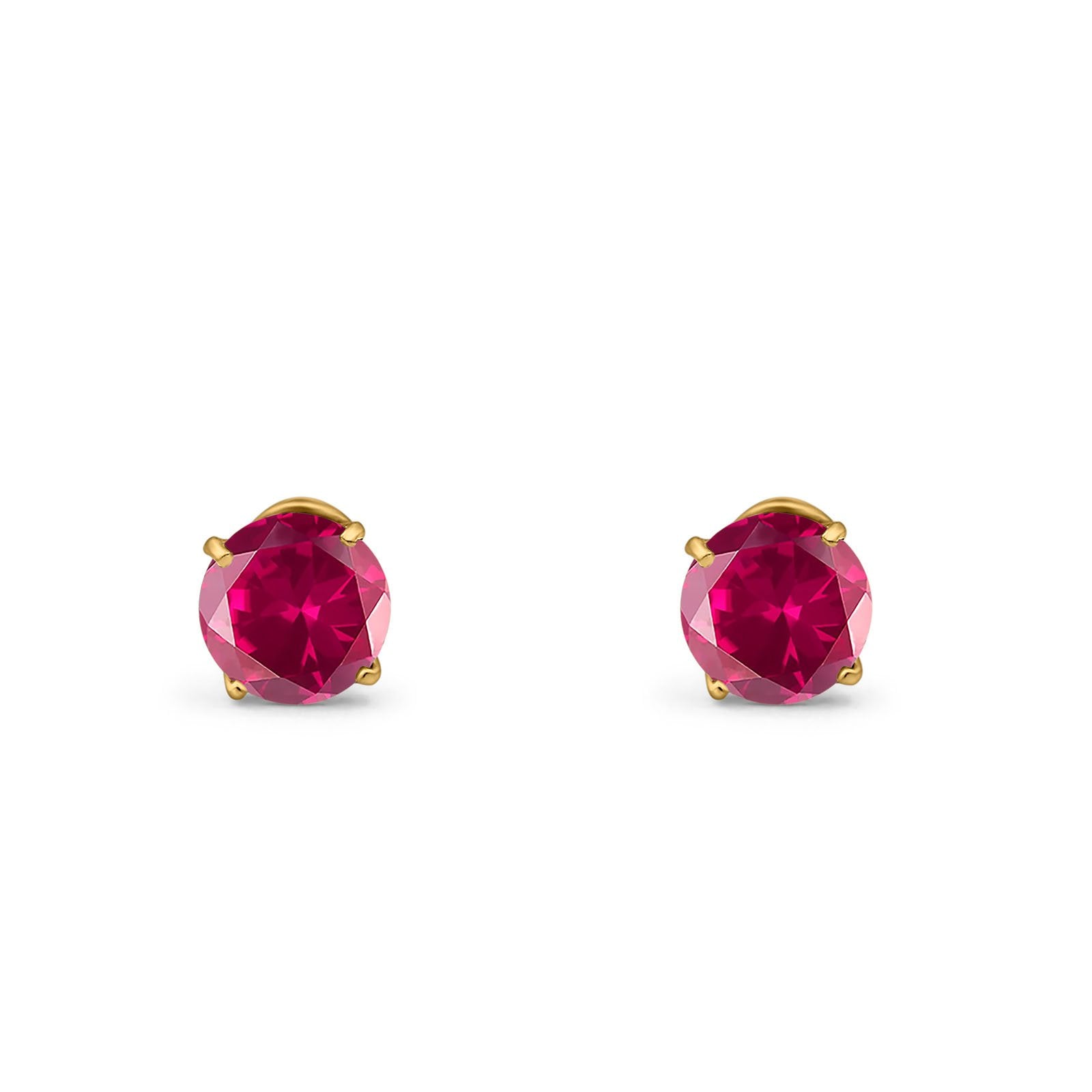 14k Yellow Gold Round Solitaire Stud Earrings with Screw Back Simulated Ruby Cubic Zirconia