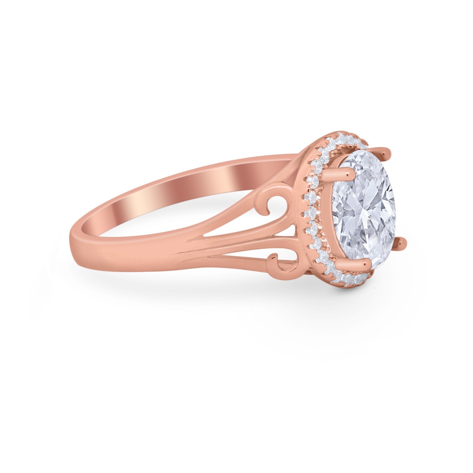 Halo Filigree Oval Wedding Ring Round Simulated Cubic Zirconia 925 Sterling Silver