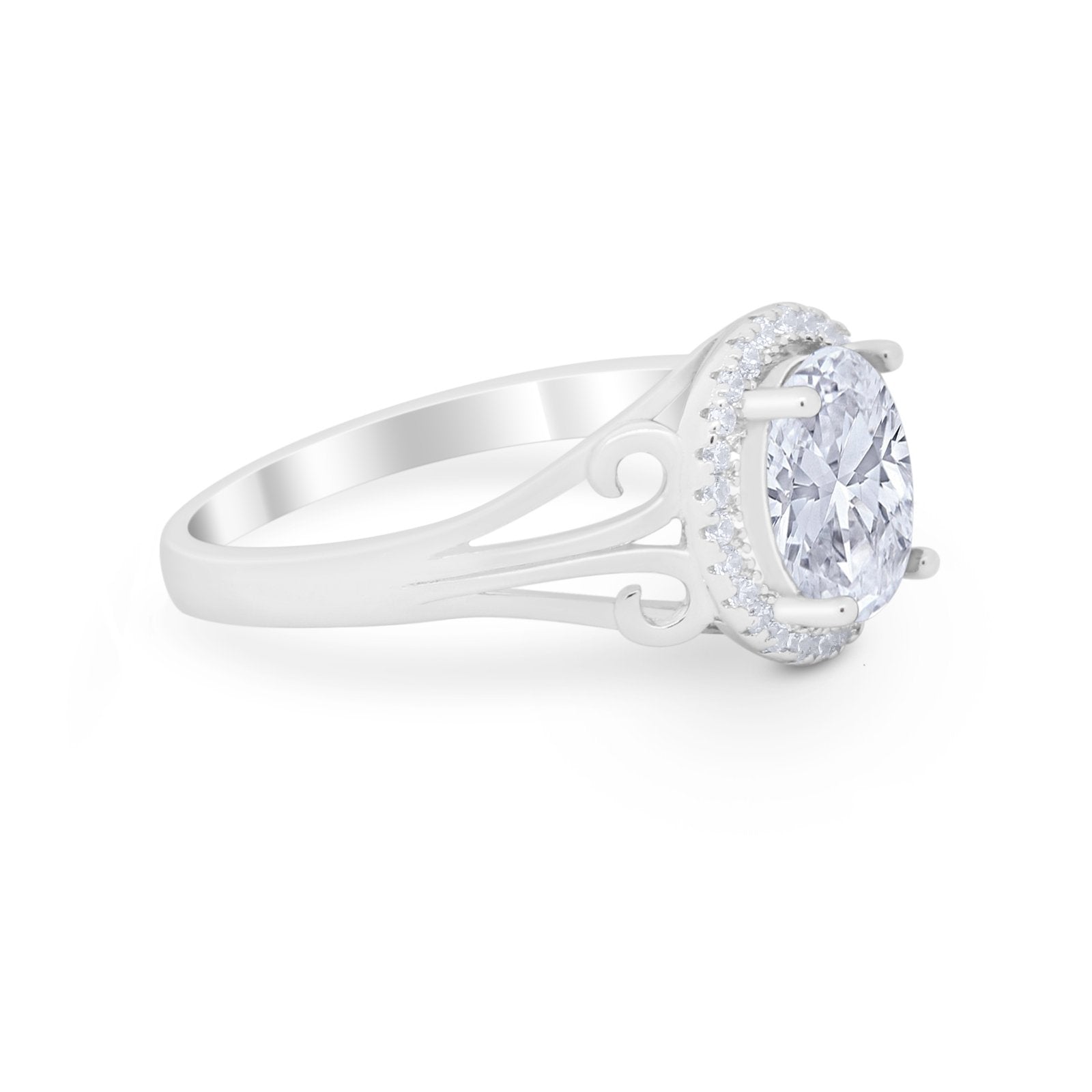 Halo Filigree Oval Wedding Ring Round Simulated Cubic Zirconia 925 Sterling Silver