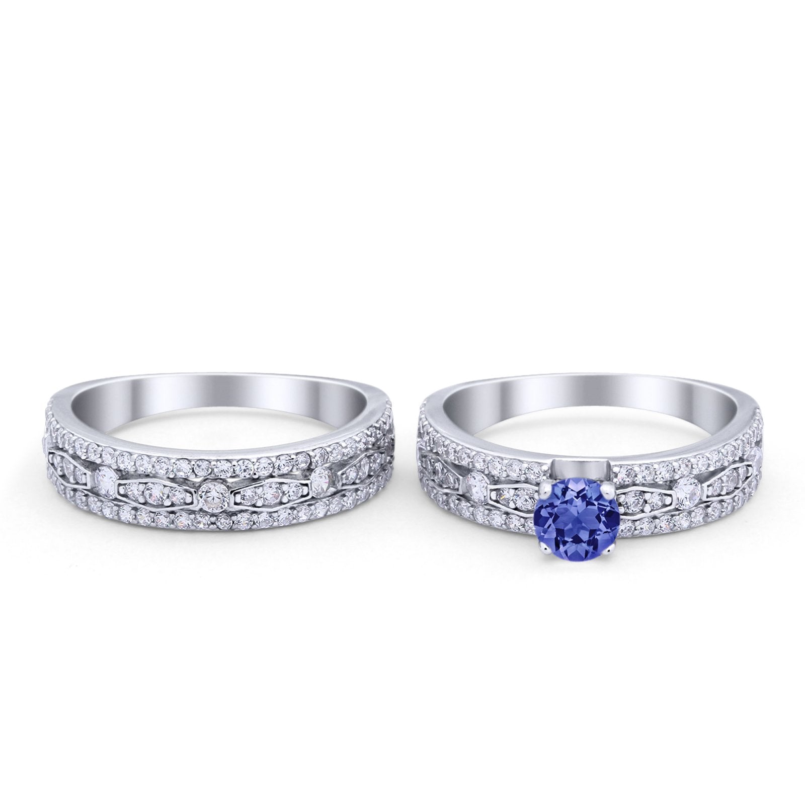 Two Piece Bridal Set Ring Round Simulated Cubic Zirconia 925 Sterling Silver