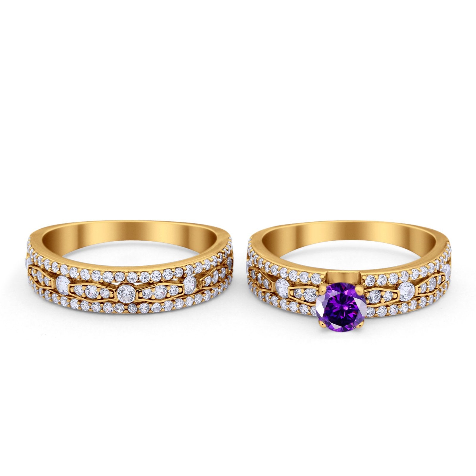 Two Piece Bridal Set Ring Round Simulated Cubic Zirconia 925 Sterling Silver