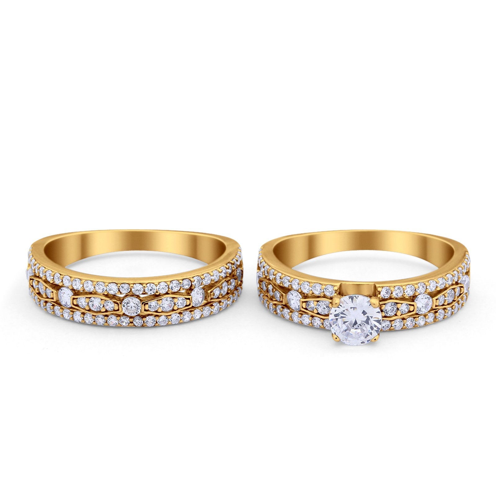 Two Piece Bridal Set Ring Round Simulated Cubic Zirconia 925 Sterling Silver