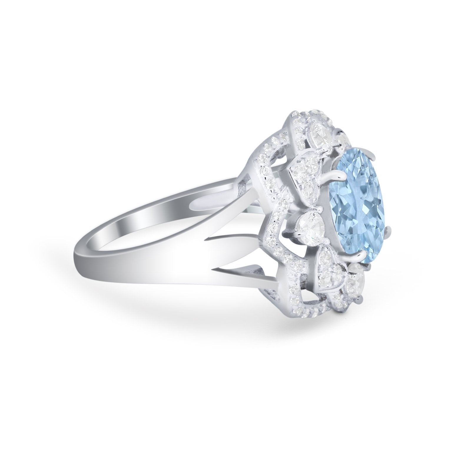 Art Deco Oval Wedding Ring Round Simulated Cubic Zirconia 925 Sterling Silver