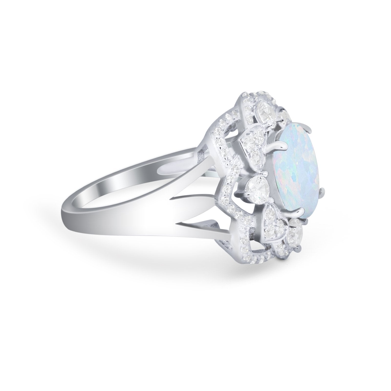 Art Deco Oval Wedding Ring Round Simulated Cubic Zirconia 925 Sterling Silver