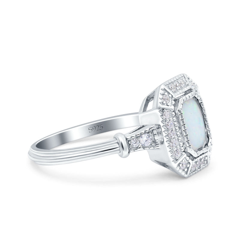 Radiant Cut Wedding Engagement Bridal Ring Lab Created Opal Round Simulated Cubic Zirconia 925 Sterling Silver