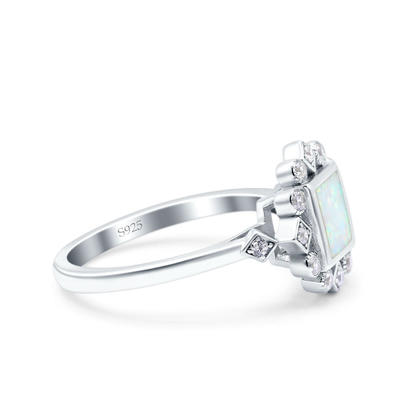 Halo Princess Wedding Engagement Ring Lab Created White Opal Round Simulated Cubic Zirconia 925 Sterling Silver