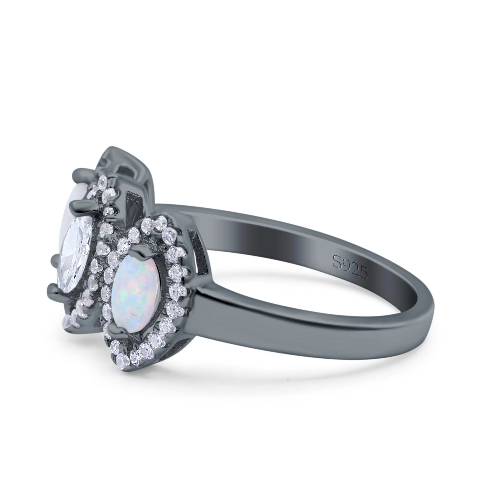 Halo Marquise Art Deco Three Stone Wedding Bridal Ring Created White Opal Round Simulated Cubic Zirconia 925 Sterling Silver