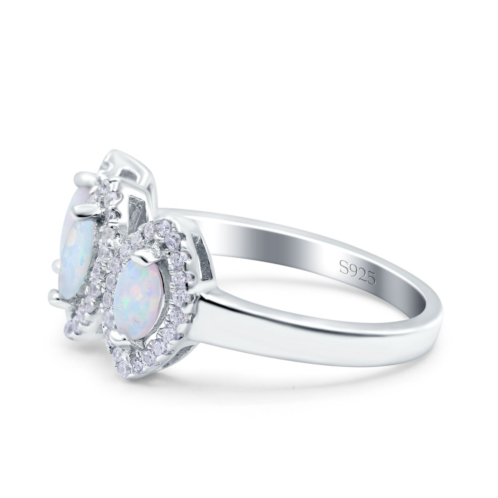 Halo Marquise Art Deco Three Stone Wedding Bridal Ring Created White Opal Round Simulated Cubic Zirconia 925 Sterling Silver
