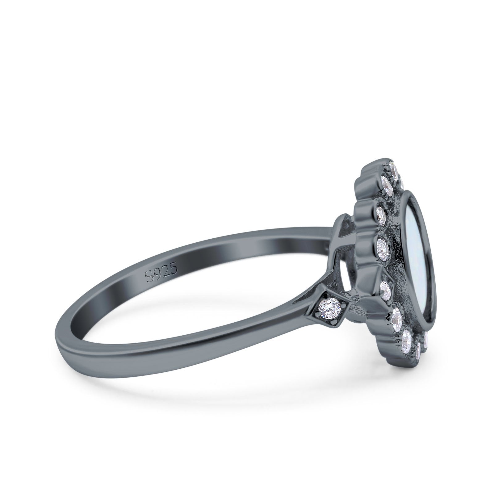 Halo Art Deco Wedding Engagement Ring Lab Created White Opal Round Simulated Cubic Zirconia 925 Sterling Silver