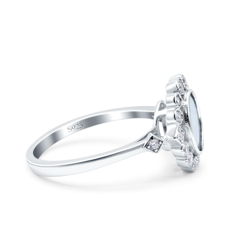 Halo Art Deco Wedding Engagement Ring Lab Created White Opal Round Simulated Cubic Zirconia 925 Sterling Silver