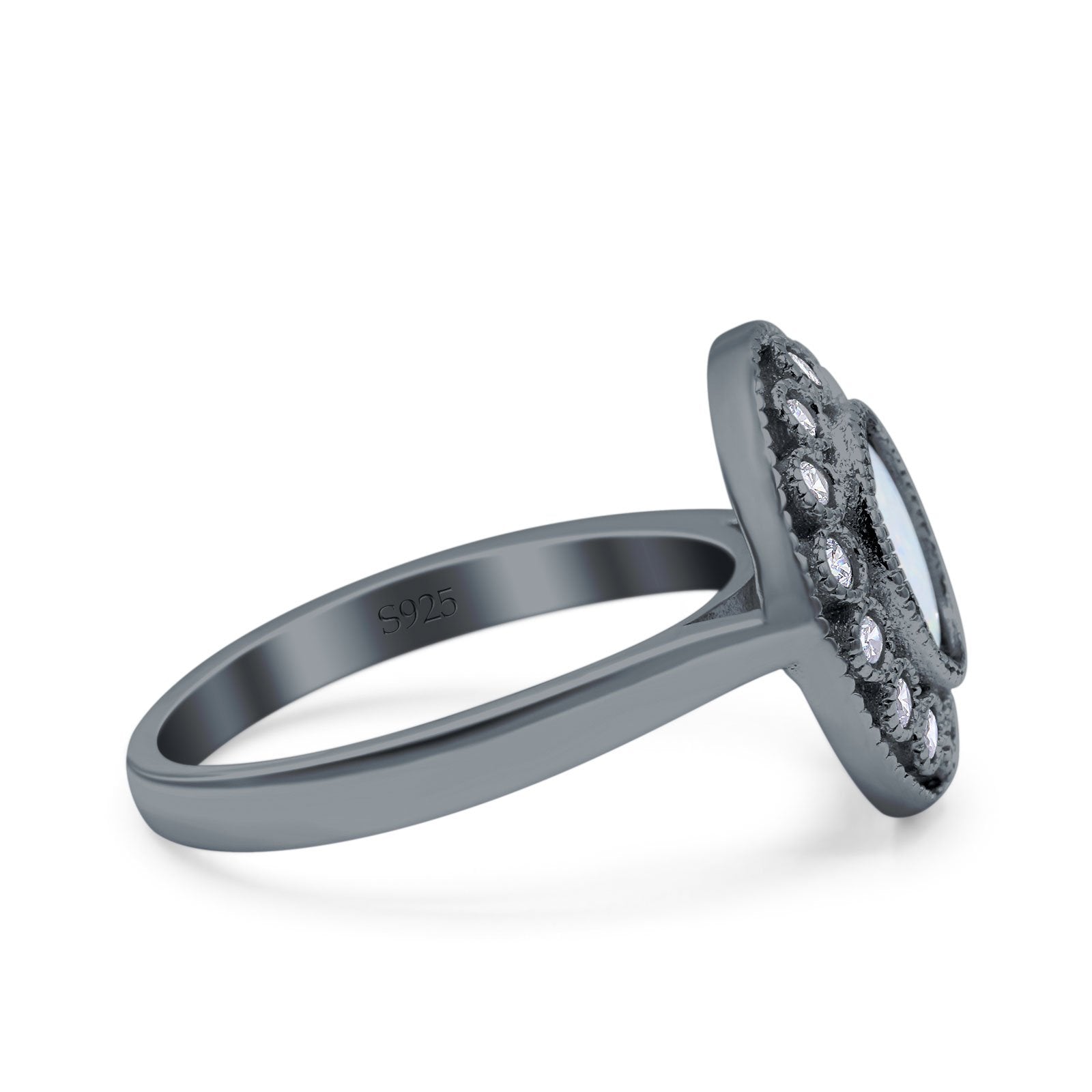 Halo Art Deco Wedding Engagement Ring Lab Created White Opal Round Simulated Cubic Zirconia 925 Sterling Silver