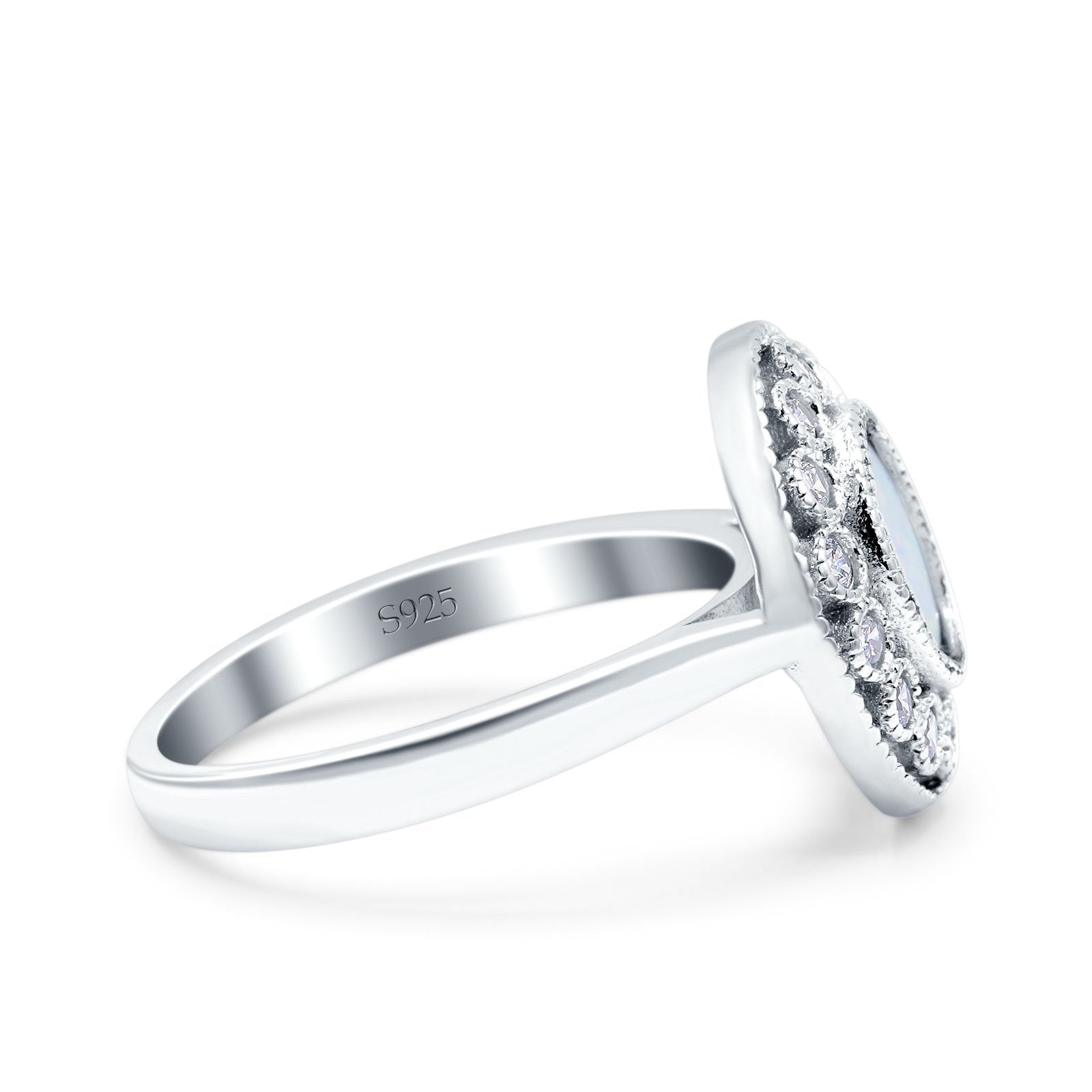 Halo Art Deco Wedding Engagement Ring Lab Created White Opal Round Simulated Cubic Zirconia 925 Sterling Silver