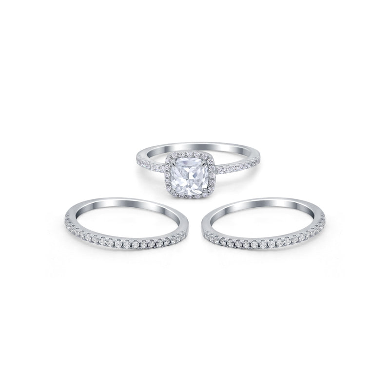 3Piece Wedding Ring Band Round Simulated Cubic Zirconia 925 Sterling Silver