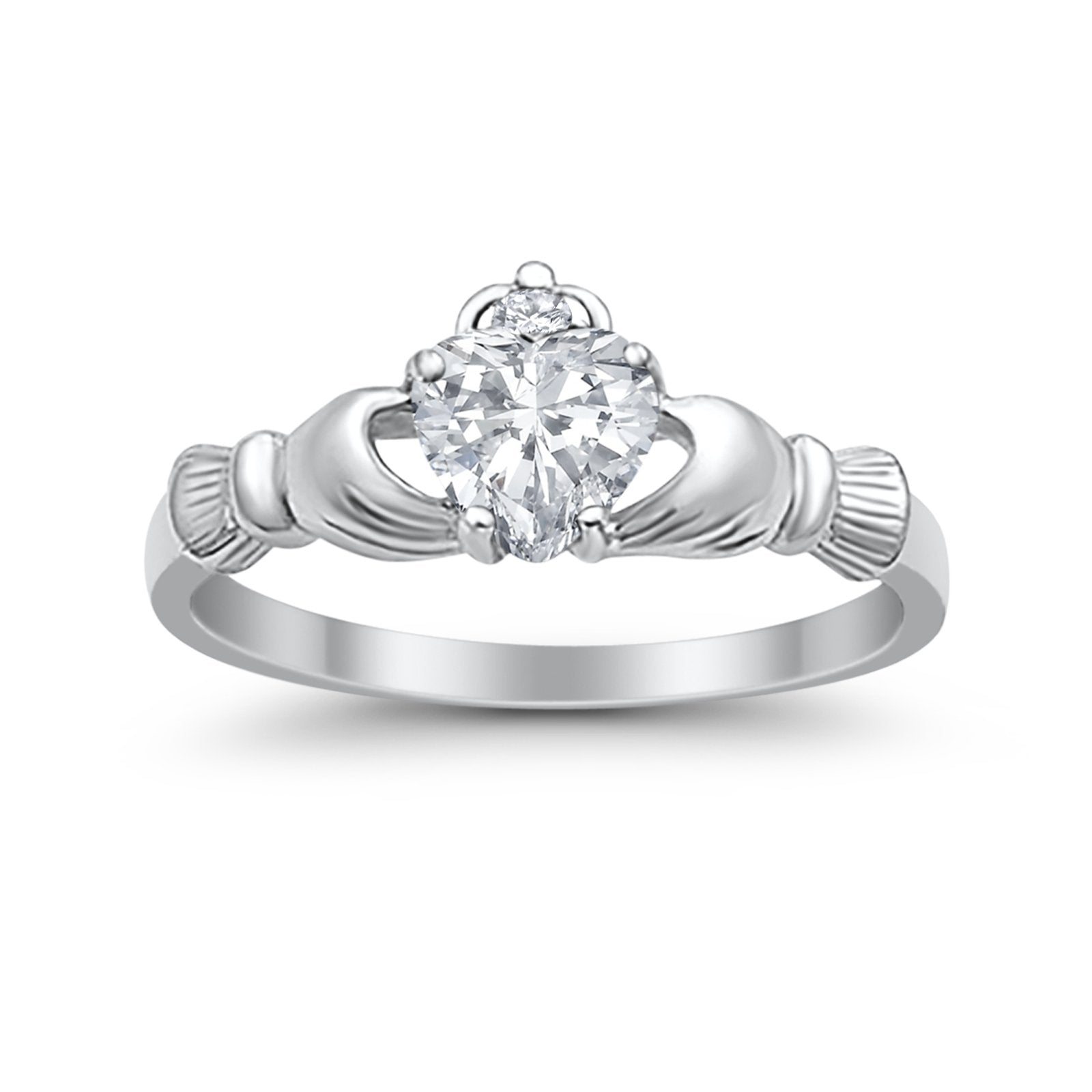Heart Shape Simulated Cubic Zirconia Claddagh Wedding Ring 925 Sterling Silver
