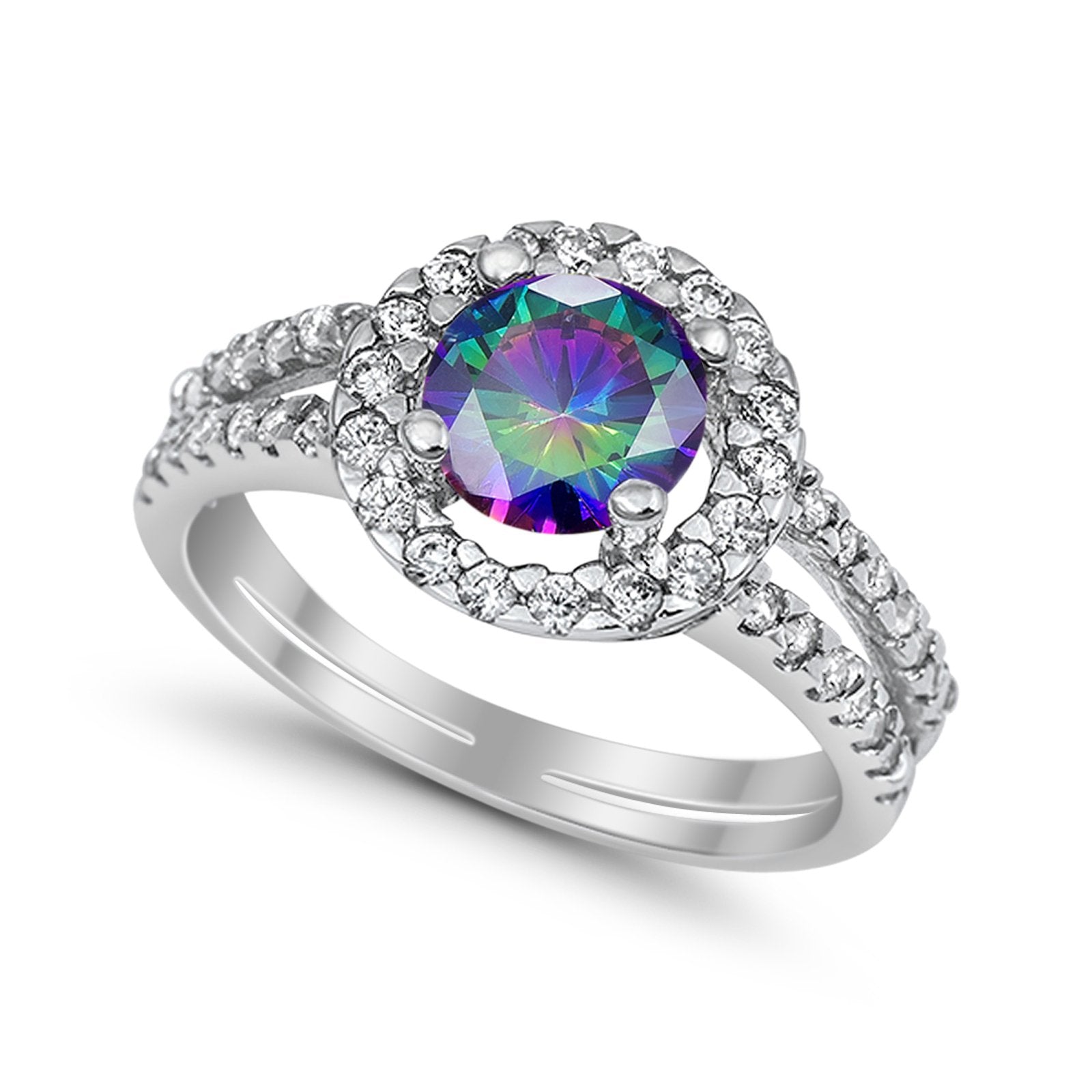 Halo Split Shank Engagement Ring Simulated Cubic Zirconia 925 Sterling Silver